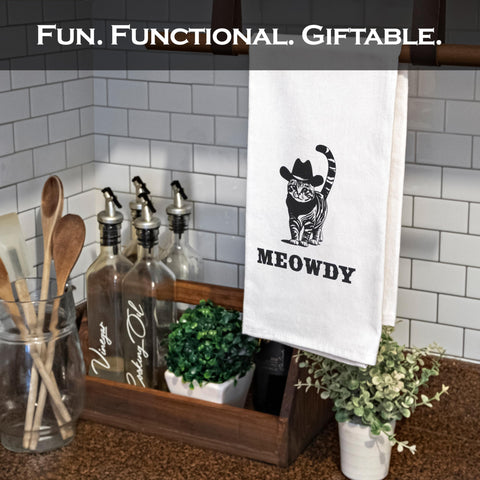 MAINEVENT Meowdy towel with pun text to brighten the kitchen.
