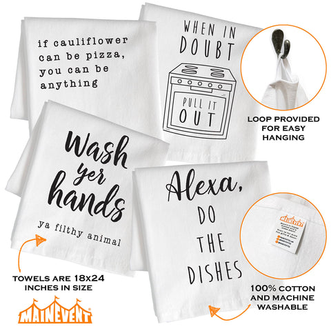 MAINEVENT kitchen towels with sayings add personality to any space.