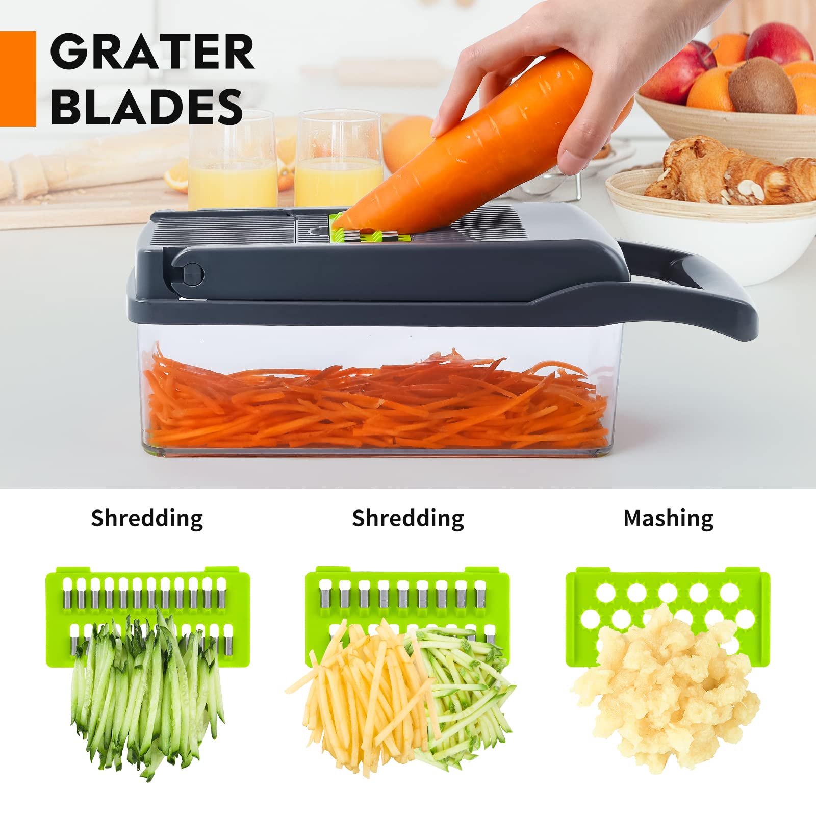 MAIPOR Built-in cutting lid keeps foods in place during slicing.