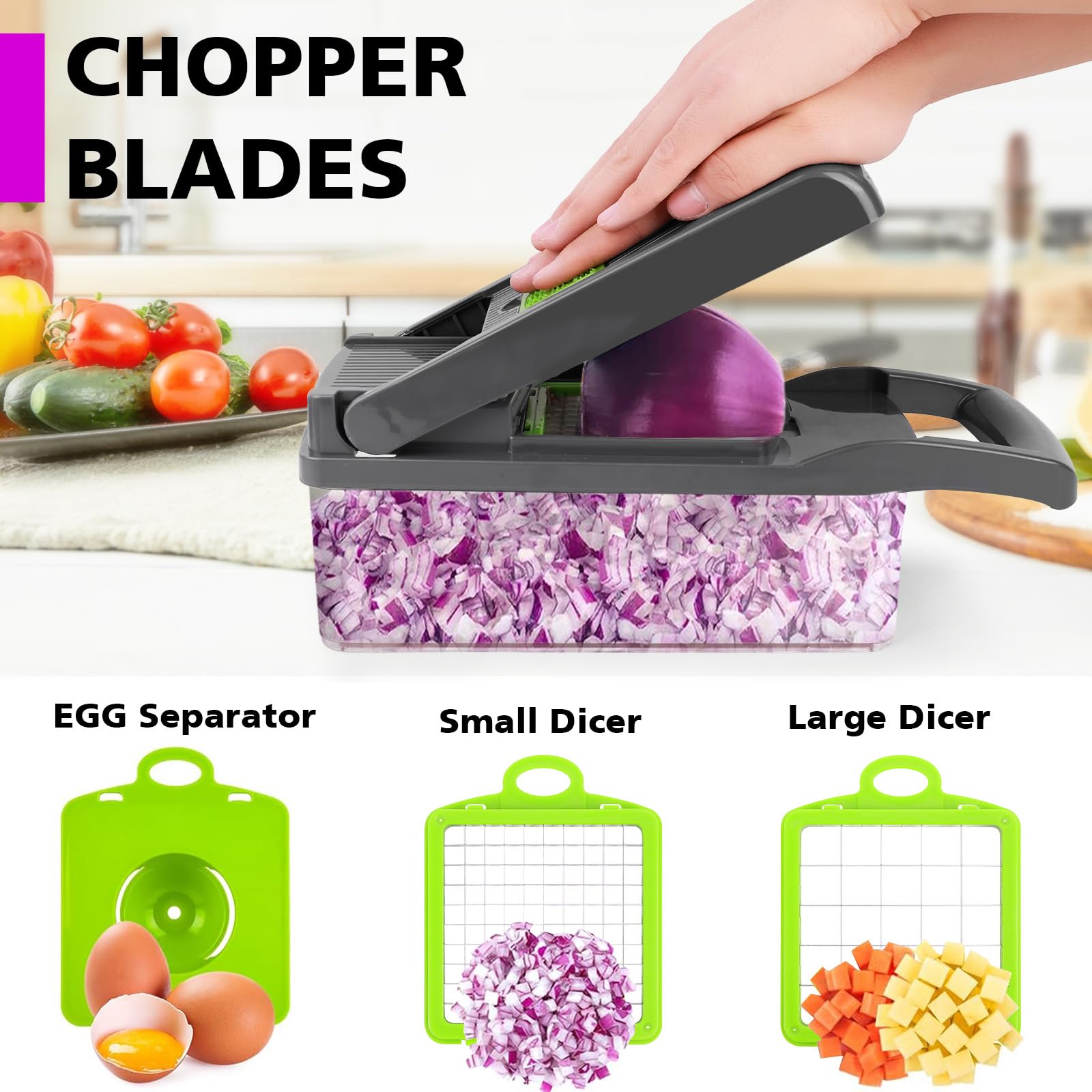 MAIPOR Vegetable Chopper with 8 interchangeable blades for versatile cuts.