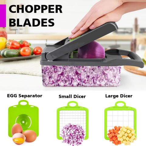 MAIPOR Vegetable Chopper with 8 interchangeable blades for versatile cuts.