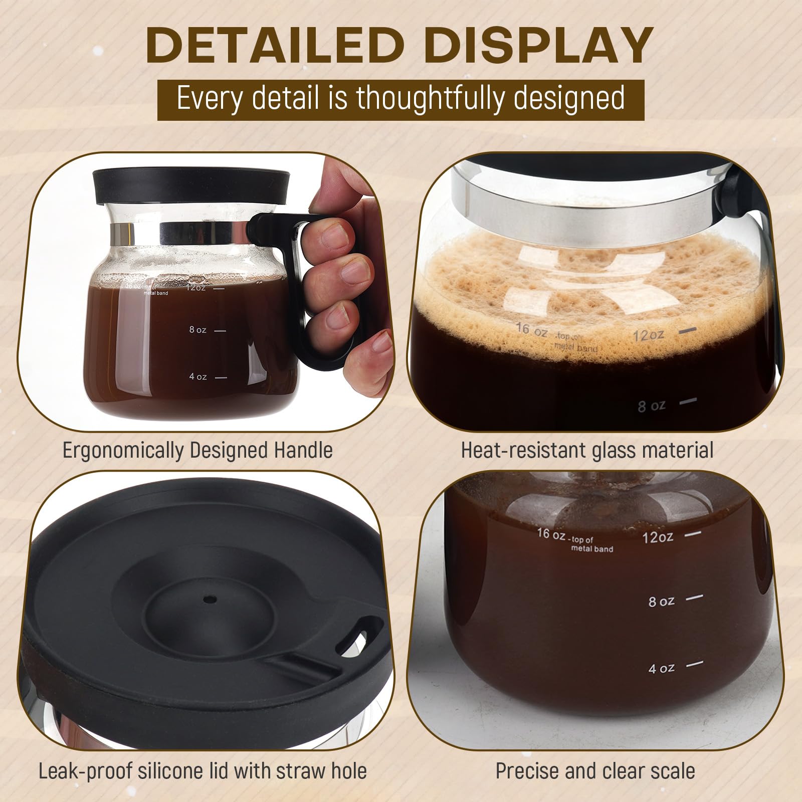 MaiQidd heat-resistant glass mug with lid, safe for hot drinks.