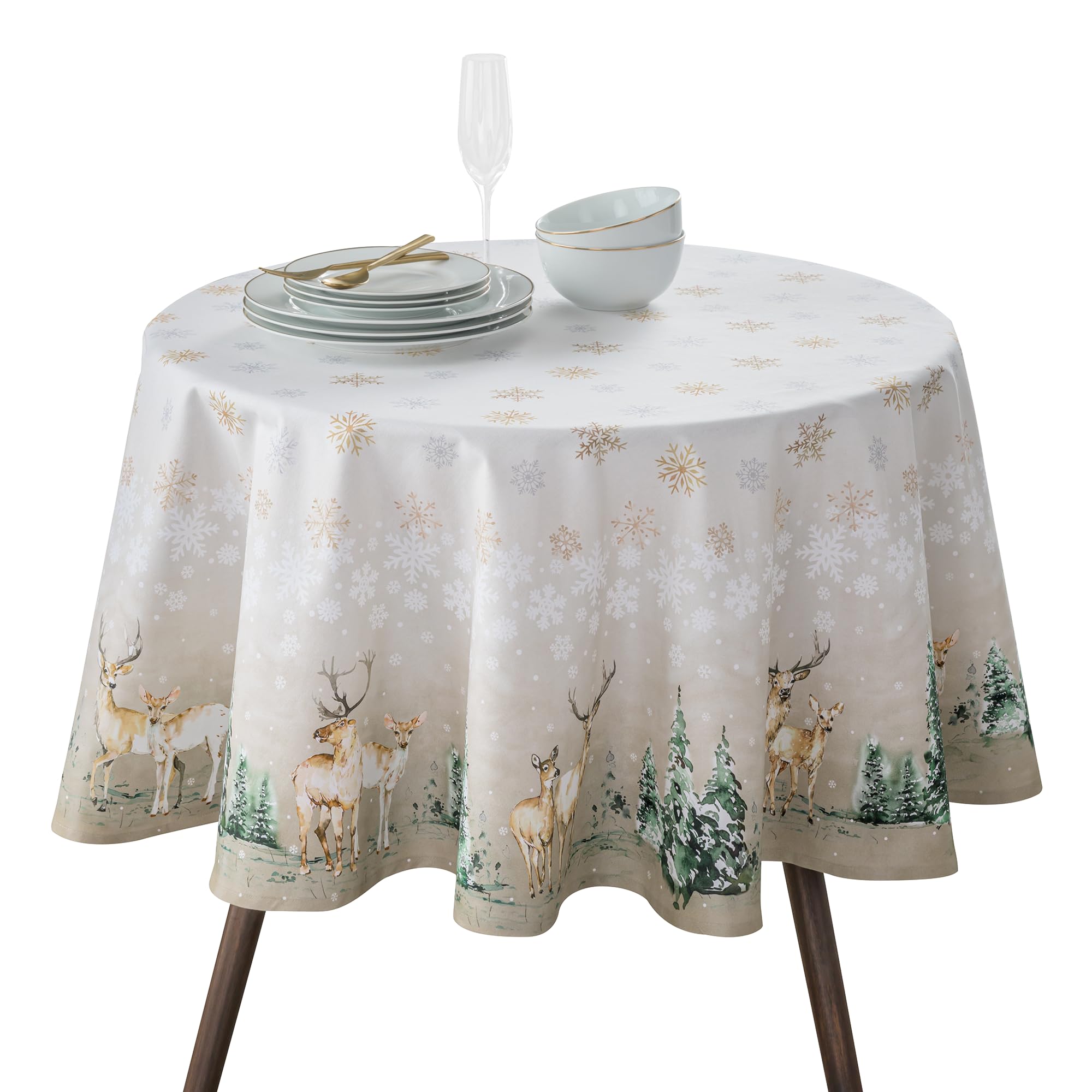Maison d' Hermine round tablecloth with watercolor deer in the woods for festive dining.