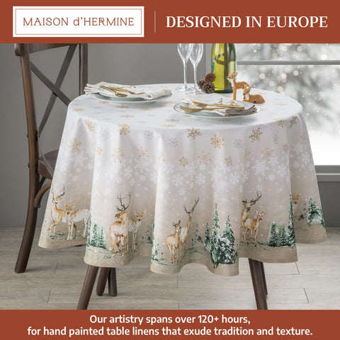 Maison d' Hermine round tablecloth highlights forest scene for fall gatherings.