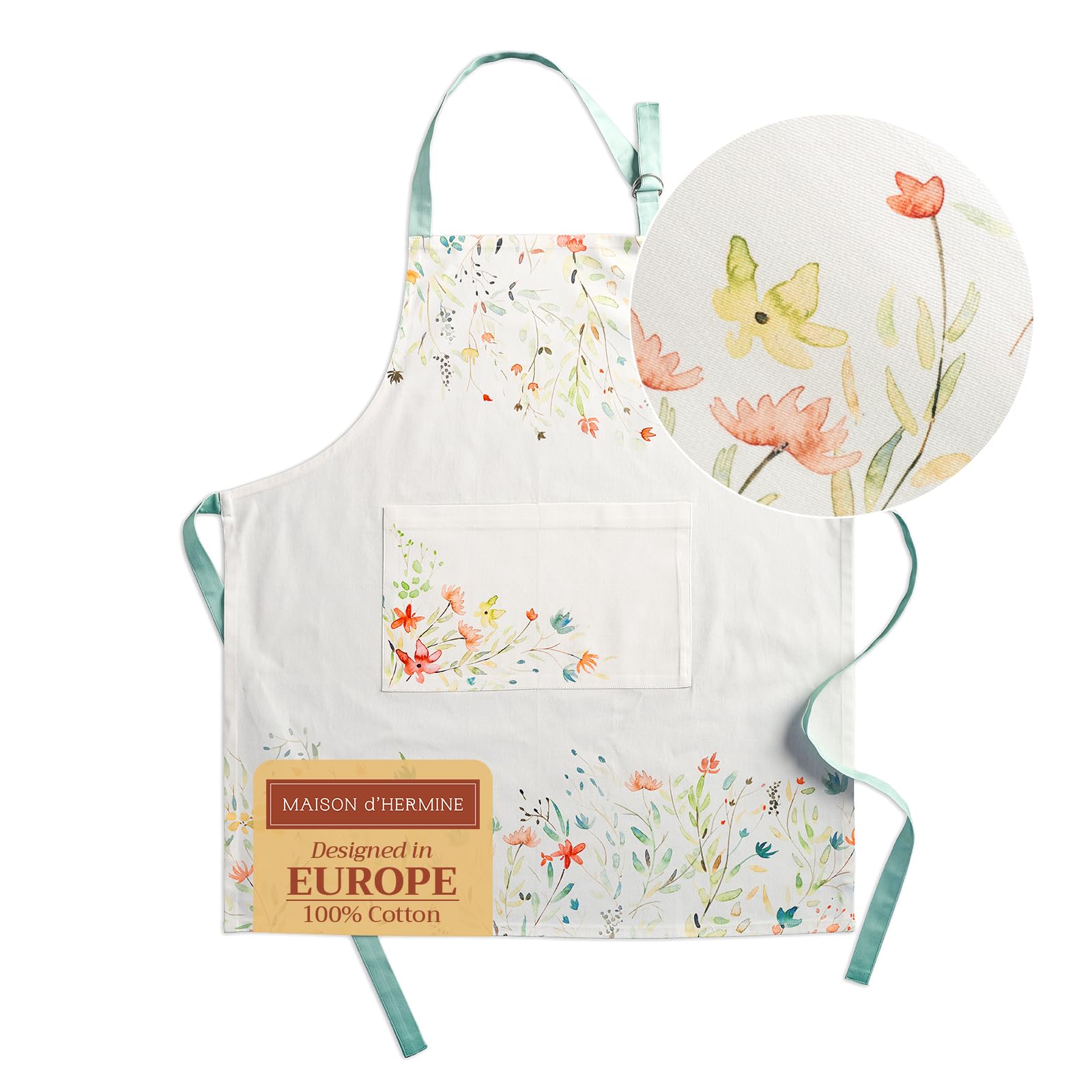 Maison d’ Hermine apron with pocket and adjustable neck strap for a secure fit.