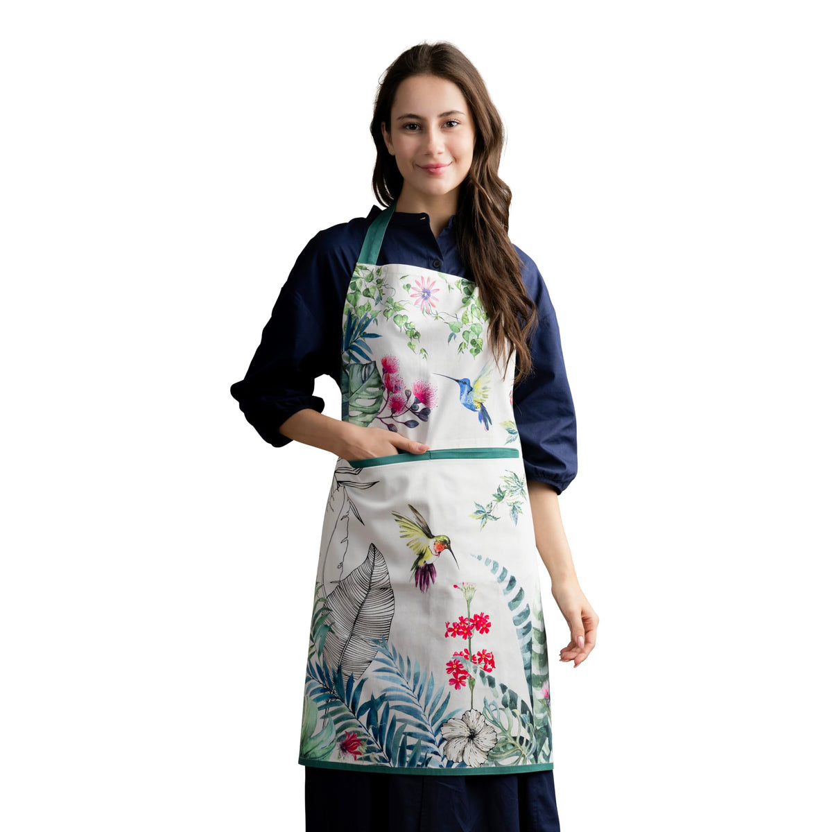 Maison d' Hermine Tropiques apron front pattern with vibrant watercolor design for stylish cooking.