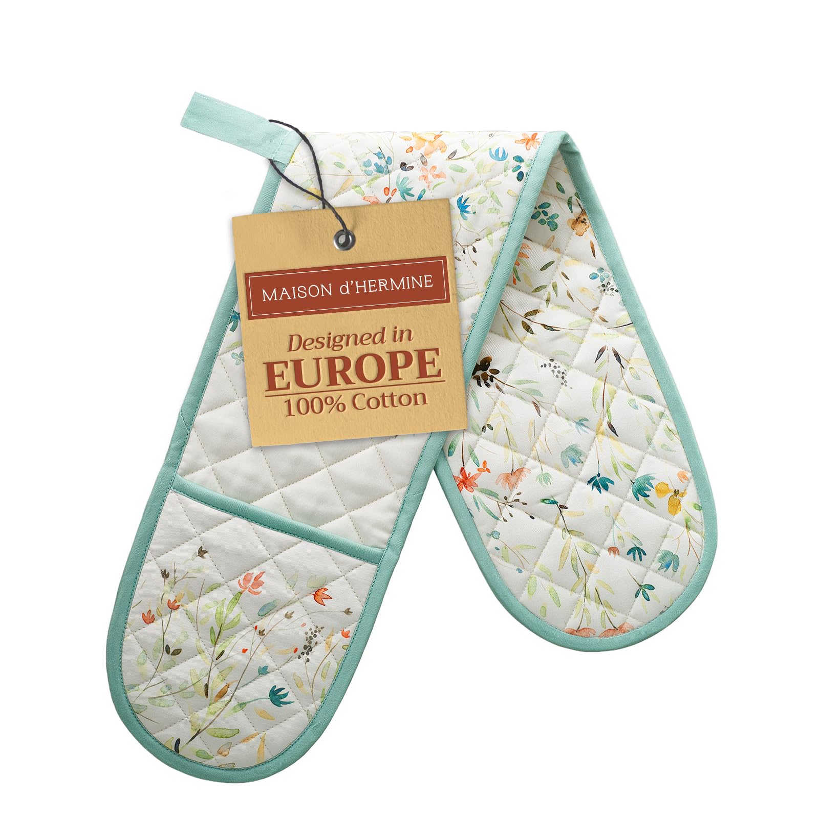 Maison d' Hermine double oven mitt with watercolor art for stylish protection when handling hot cookware.