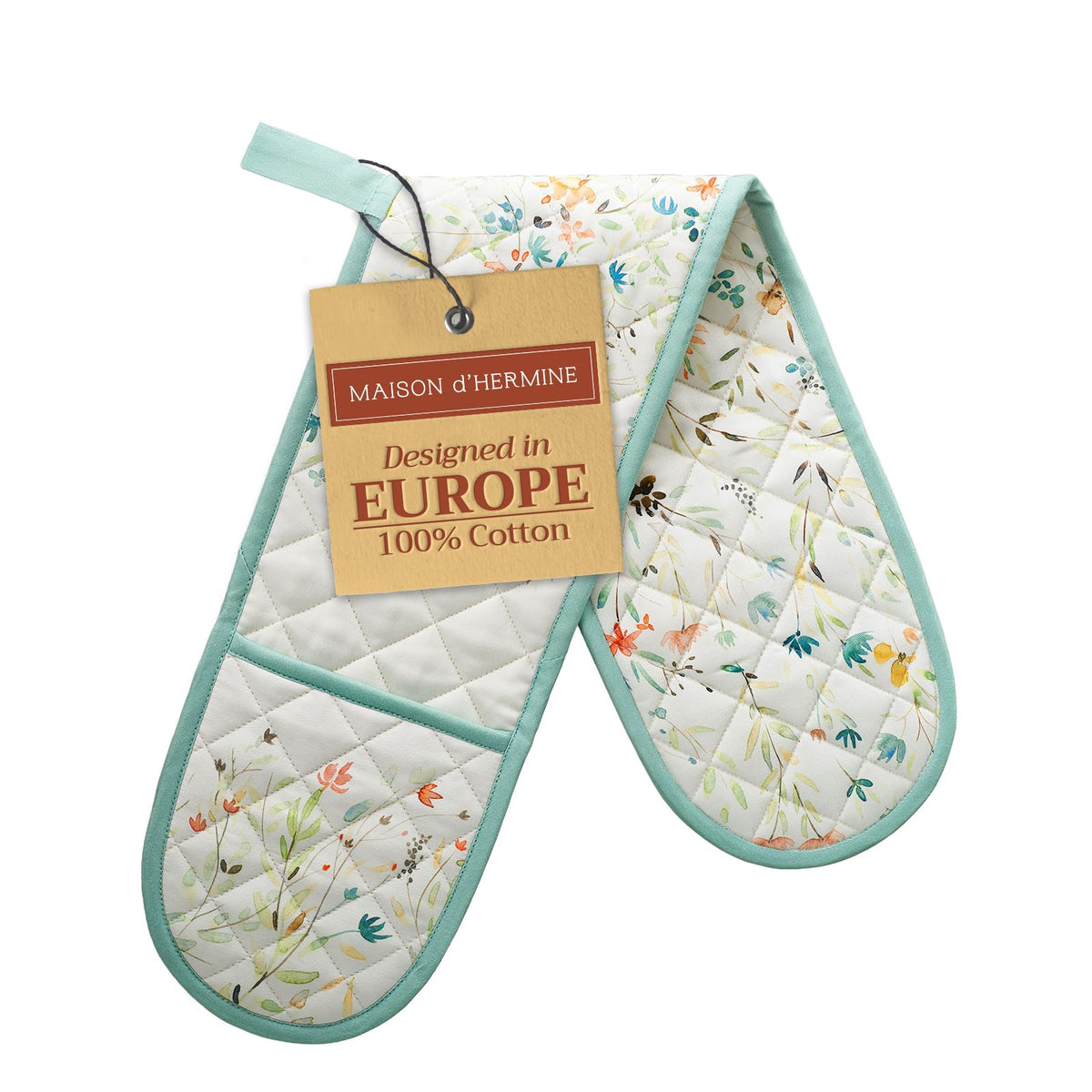 Maison d' Hermine double oven mitt with watercolor art for stylish protection when handling hot cookware.