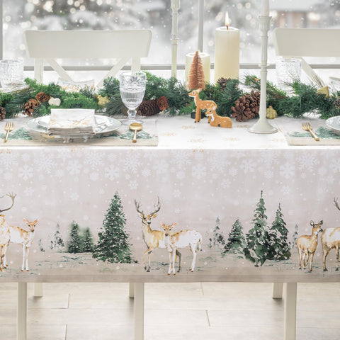 Watercolor-inspired pattern pairs with farmhouse or modern dining setups
