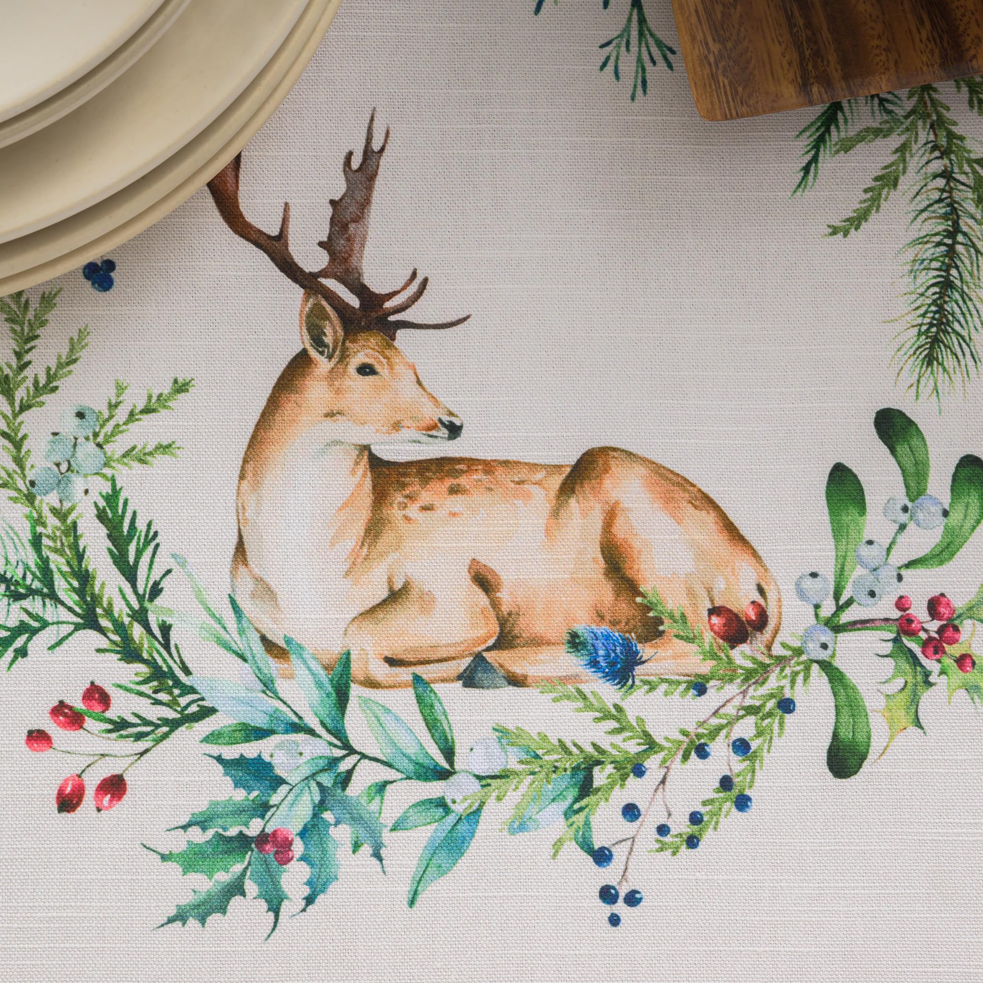 Maison d' Hermine Holly Time tablecloth complements dining space elegantly.