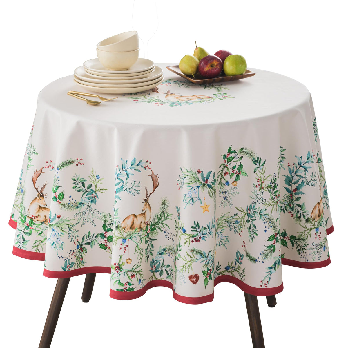 Maison d' Hermine Holly Time round tablecloth with watercolor artwork for festive dining.