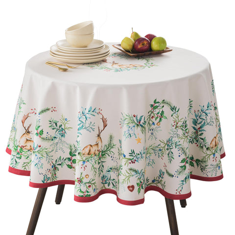 Maison d' Hermine Holly Time round tablecloth with watercolor artwork for festive dining.