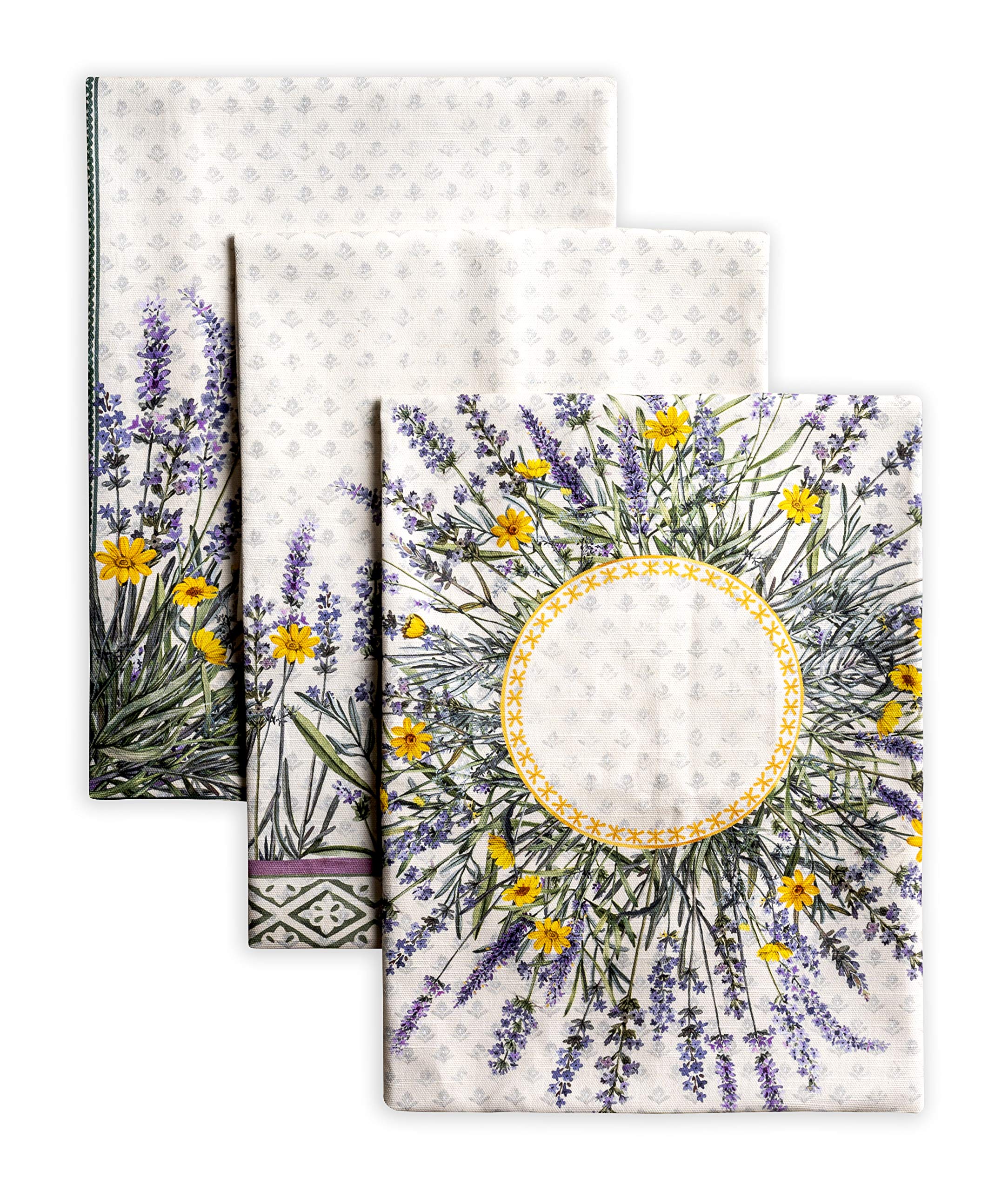 Maison d' Hermine kitchen towels set of 3 in lavender accents, highly absorbent for everyday use.