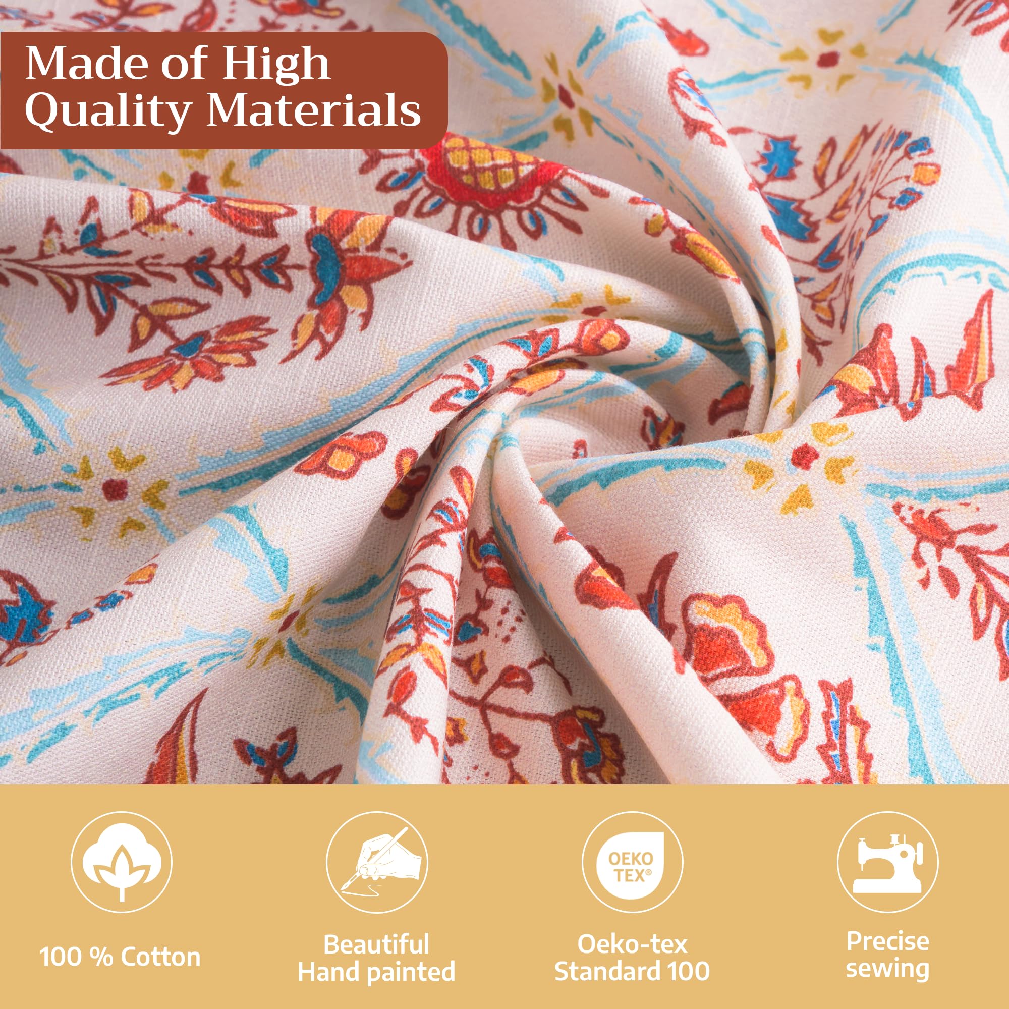 Maison d' Hermine Romane tablecloth closeup shows hand-painted detail and rich colors.