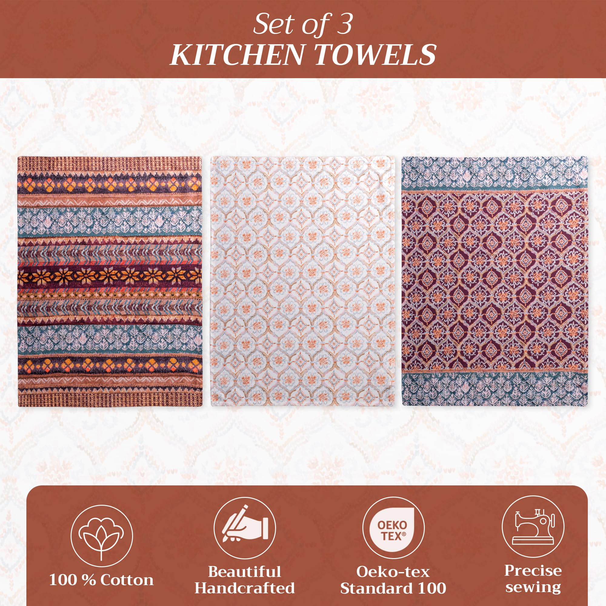 Watercolor artwork on Maison d'Hermine towels enhances kitchen décor.