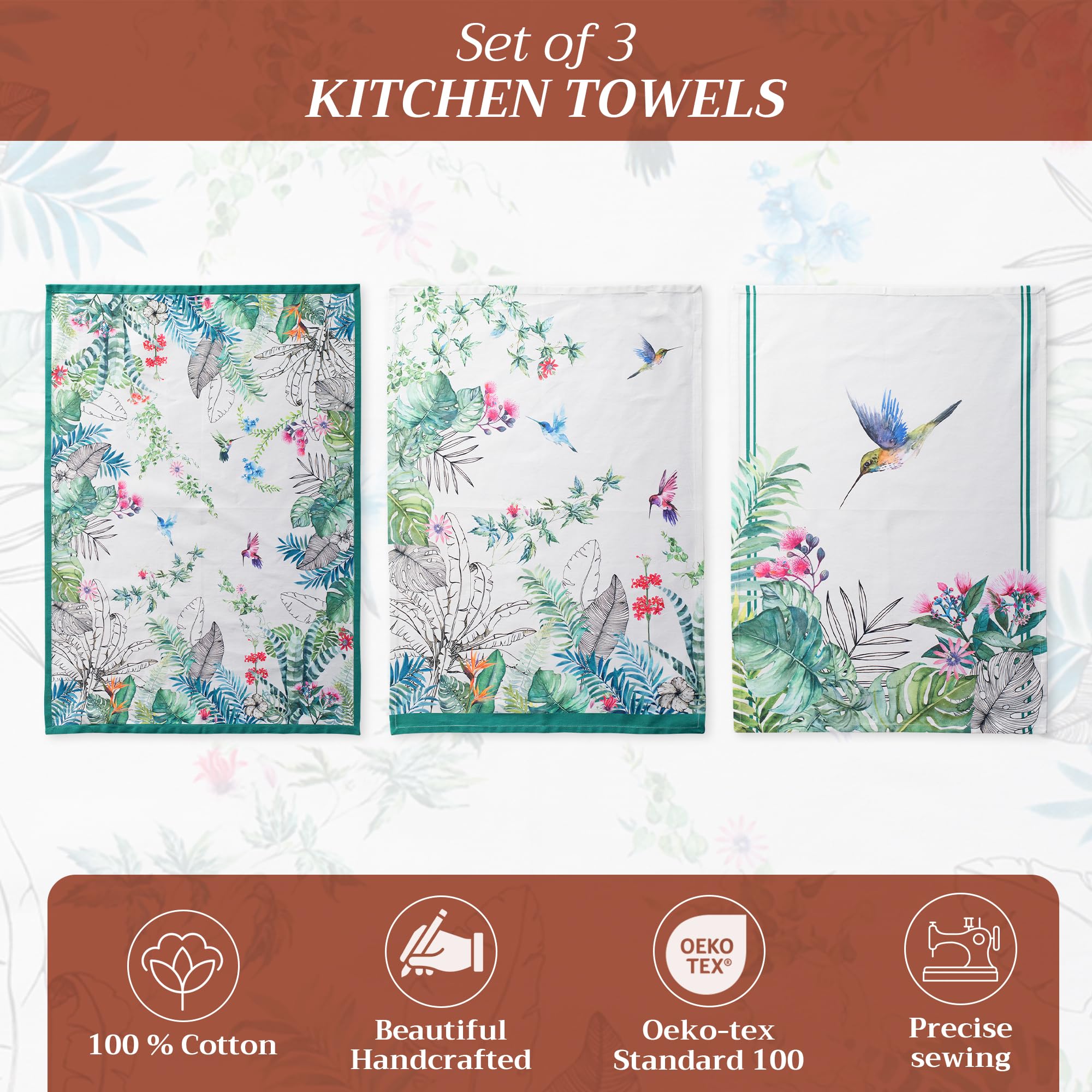 Maison d'Hermine watercolor Tropiques towels showcase European motif in kitchen.