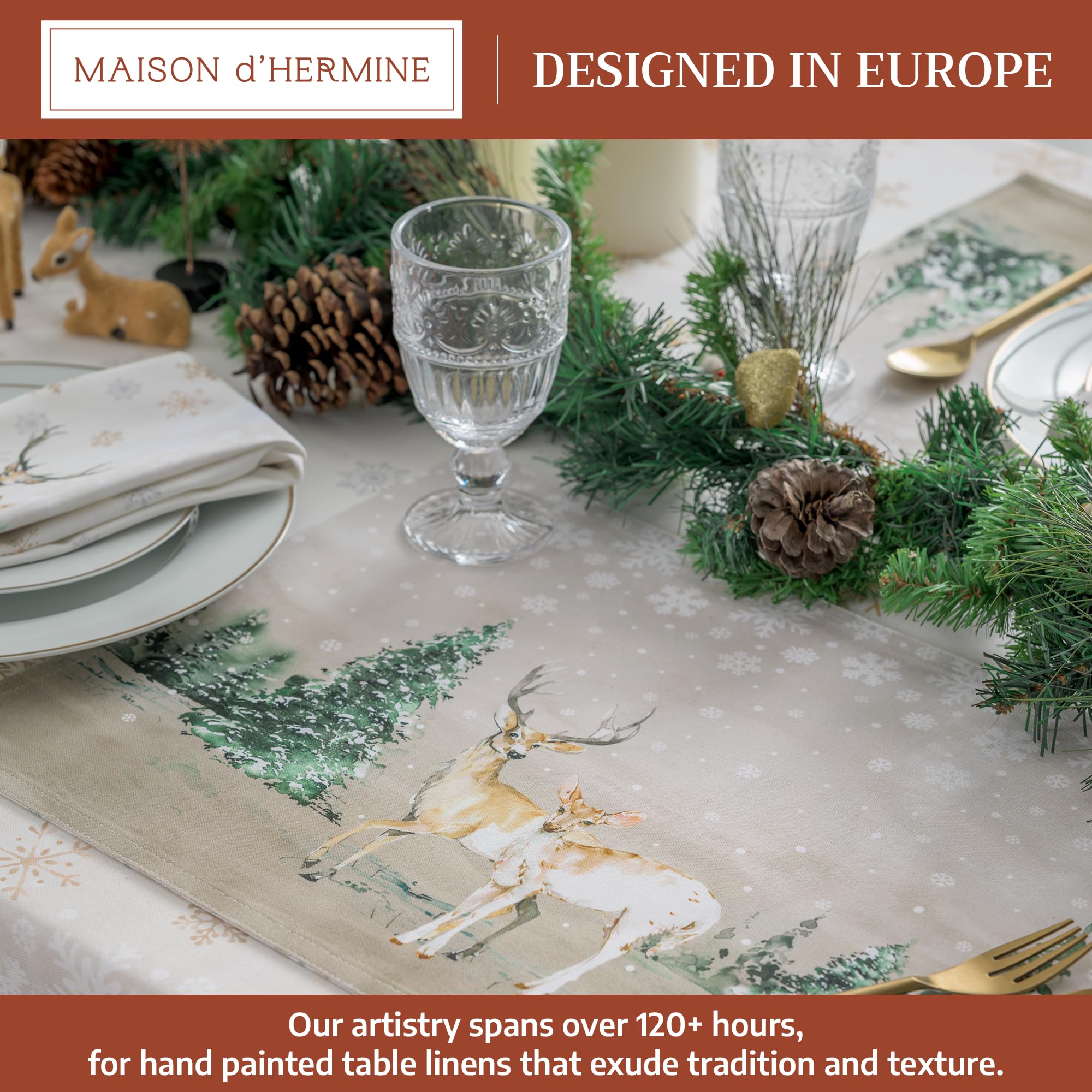 Maison d'Hermine placemats showcase watercolor artwork for elegant holiday tables.