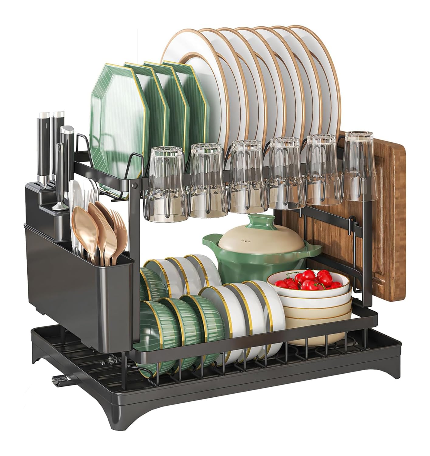 Maivotaf 2-tier dish drying rack for compact kitchens, storing plates and utensils.
