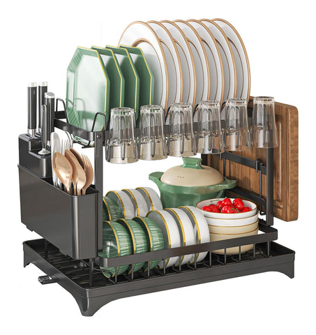 Maivotaf 2-tier dish drying rack for compact kitchens, storing plates and utensils.