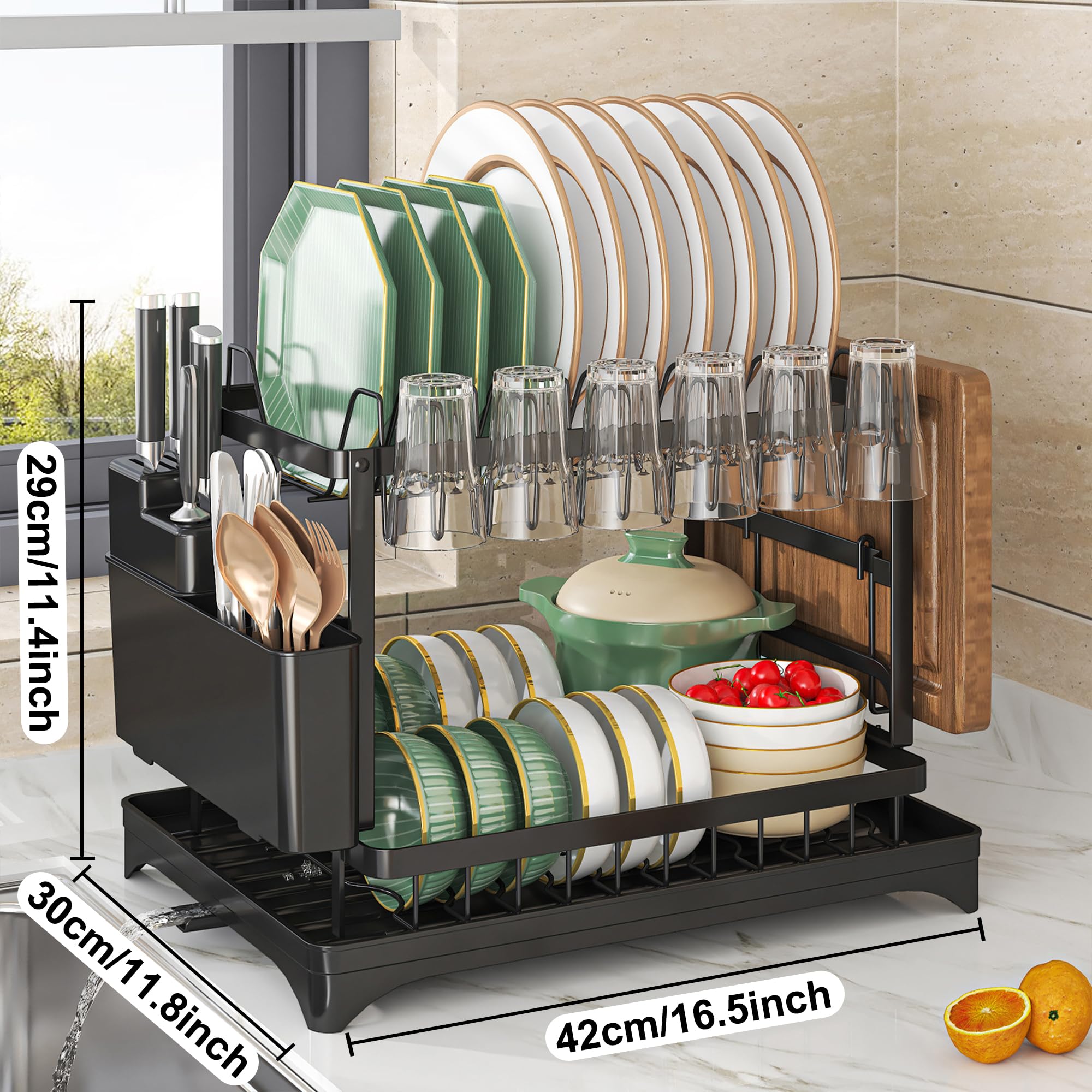 Maivotaf dish rack with cup holder keeps mugs ventilated and accessible.