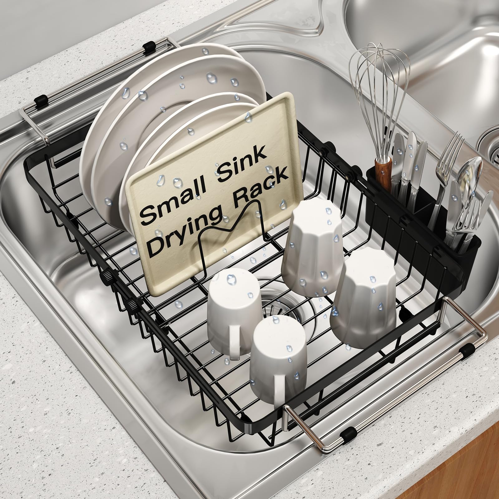 MAJALiS small expandable over-the-sink rack showcases compact fit saving counter space in small kitchens.