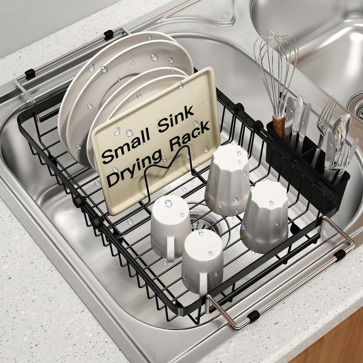 MAJALiS small expandable over-the-sink rack showcases compact fit saving counter space in small kitchens.