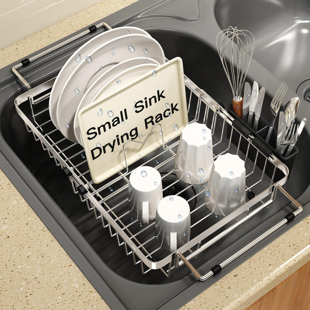 MAJALiS compact over-sink drainer shown in stainless steel for compact kitchens.
