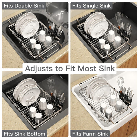 MAJALiS stainless steel dish drainer with silicone grip handles prevents shifting.