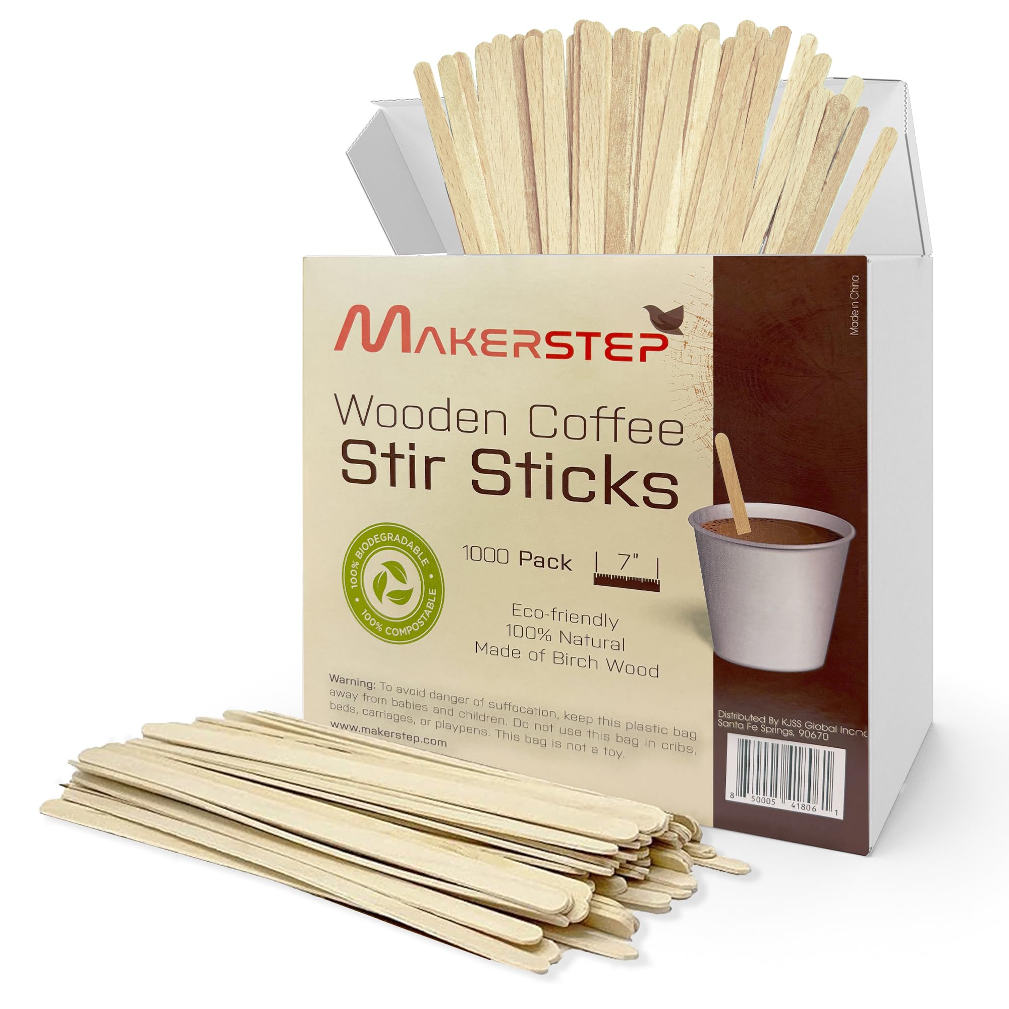 Makerstep birch wood coffee stirrers with round ends for smooth, splinter-free stirring