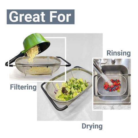 Makerstep colander with feet provides stable drainage over the sink.