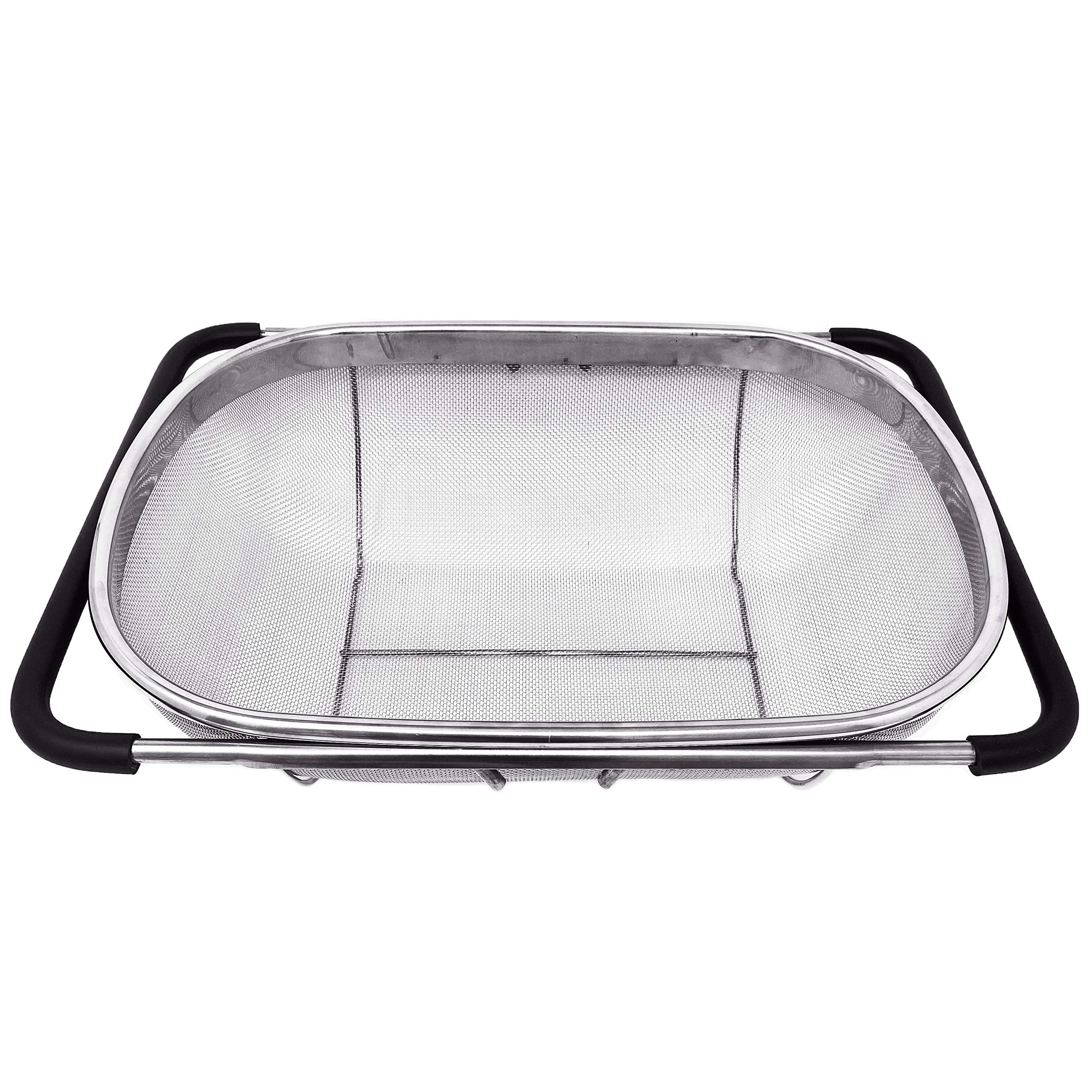 Makerstep stainless steel fine-mesh colander offers precise straining for pasta and veggies.