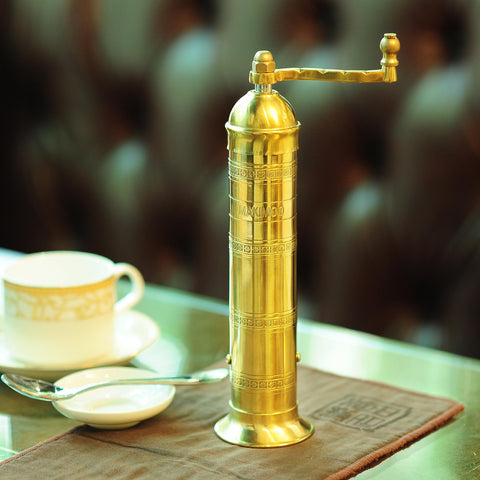 Elegant Makimoo brass grinder adds European artisanal style to table or countertop.