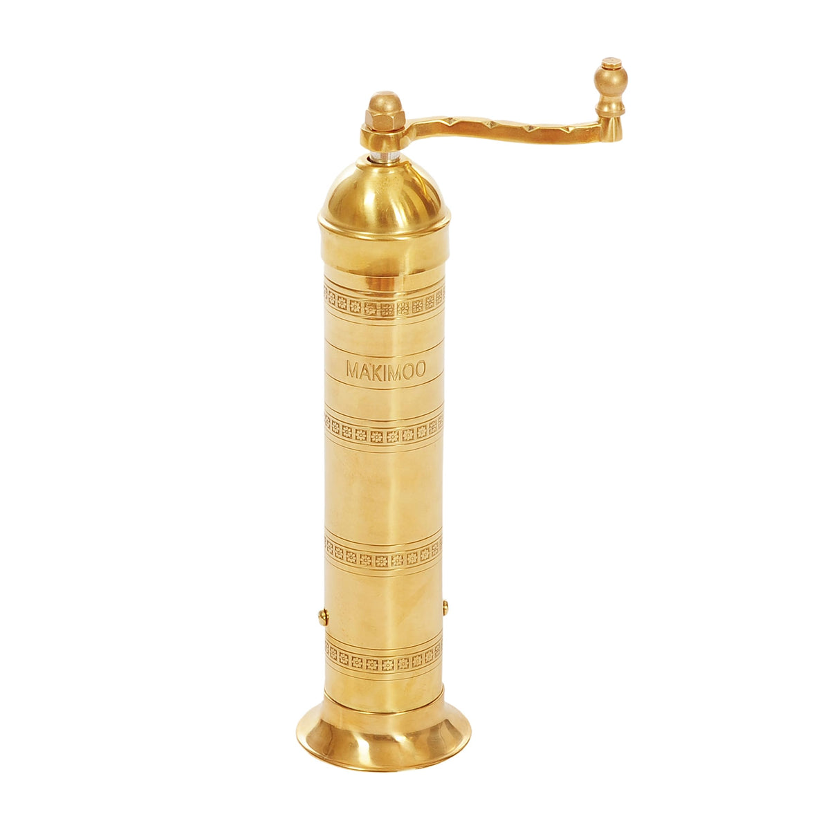Makimoo brass pepper mill with 9-inch height and all-metal body for stable grinding.