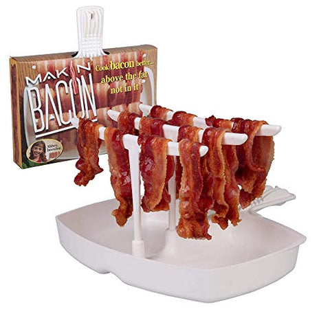 MAKIN BACON microwave dish with bacon on drip bars for quick, crispy results