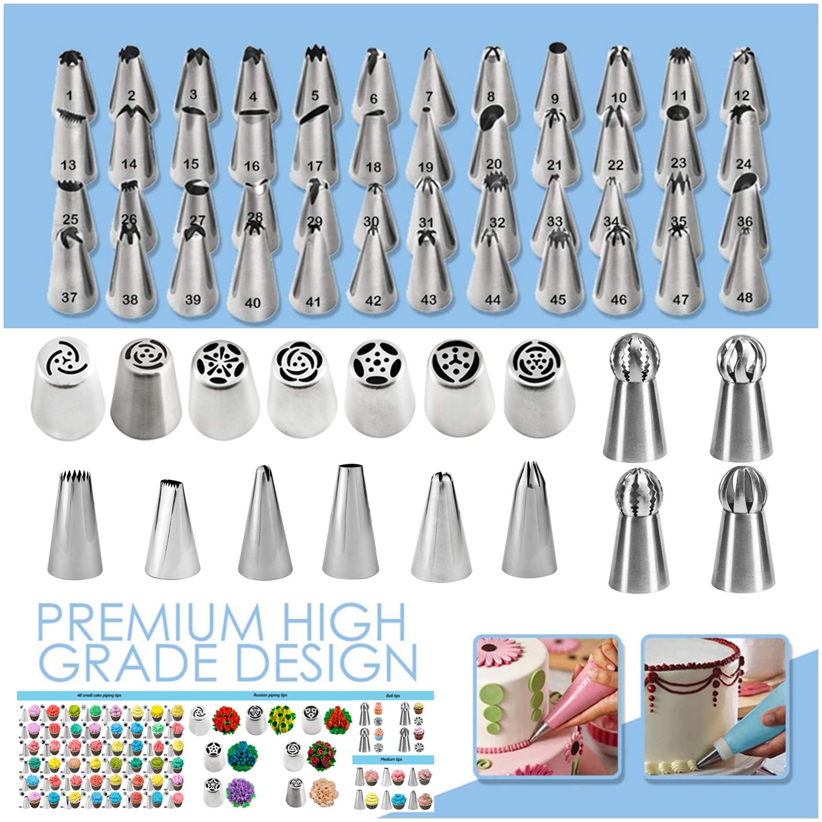 Makmeng 48 numbered icing tips enabling precise piping patterns.