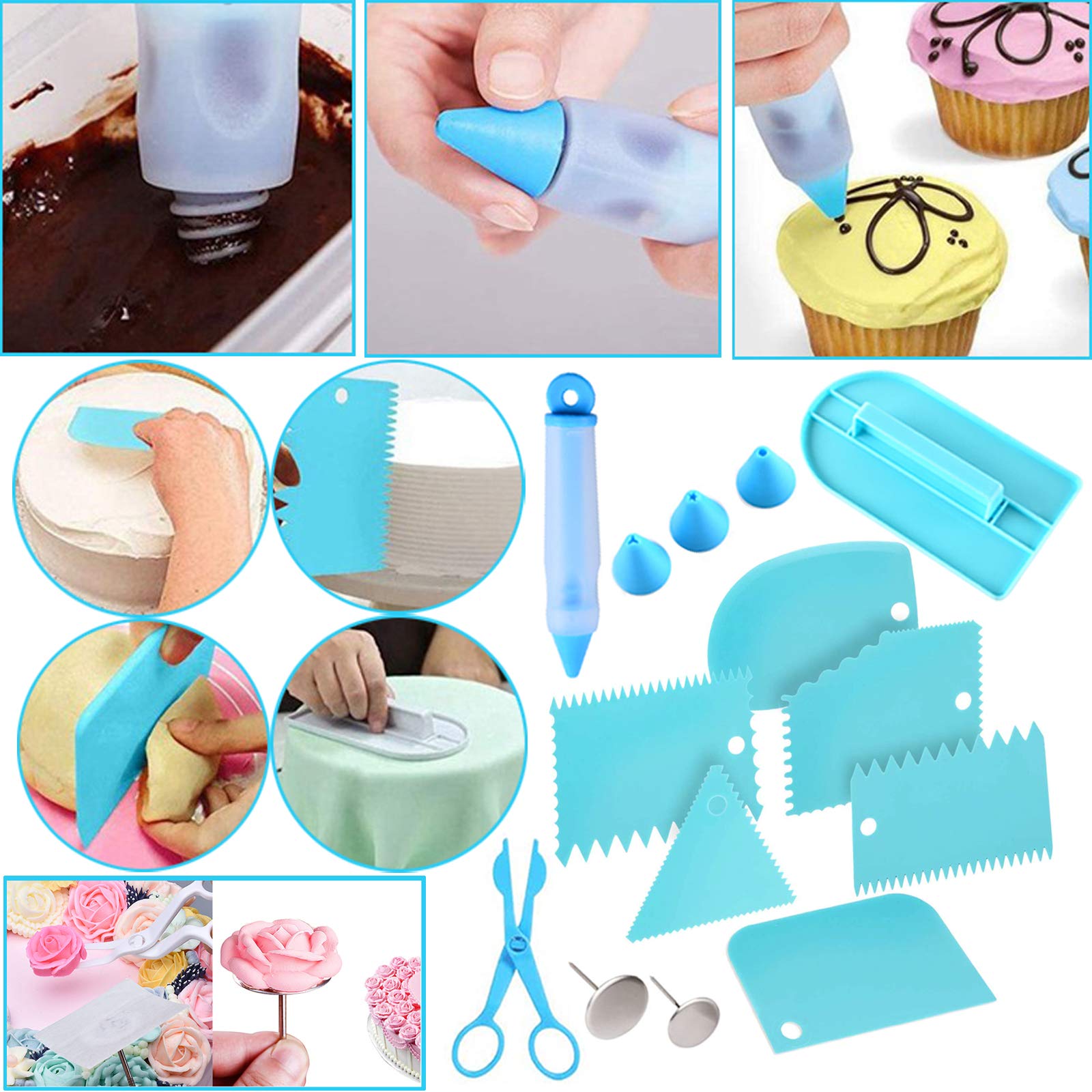 Makmeng piping bags, scrapers, and cake cutter for complete decorating kit use.