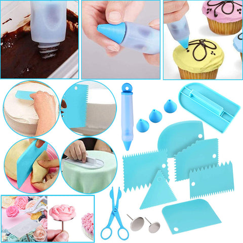 Makmeng piping bags, scrapers, and cake cutter for complete decorating kit use.