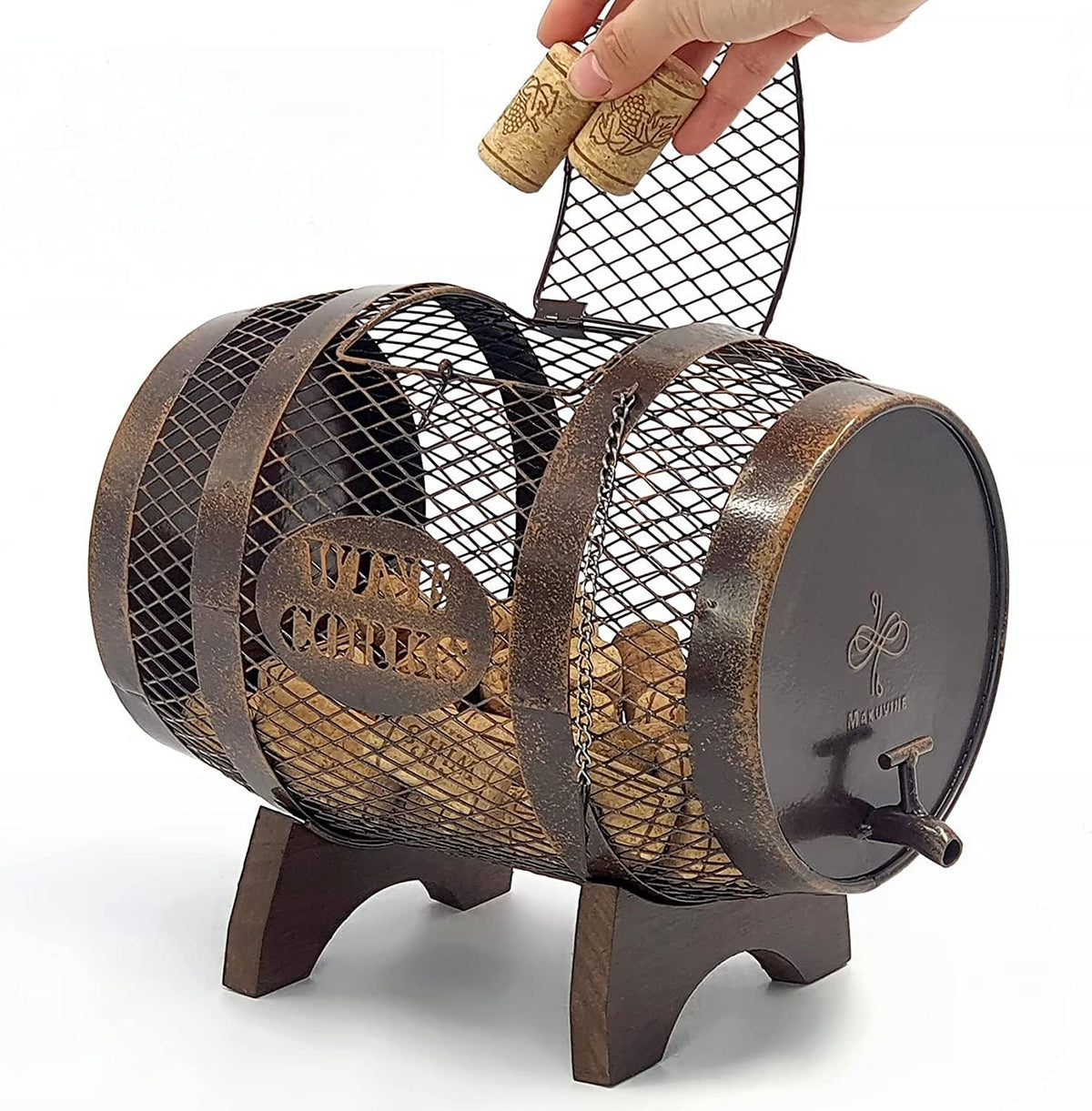 Makuvine rustic metal large barrel cork holder on display for cork collection.