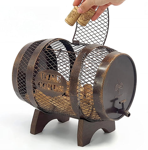 Makuvine rustic metal large barrel cork holder on display for cork collection.
