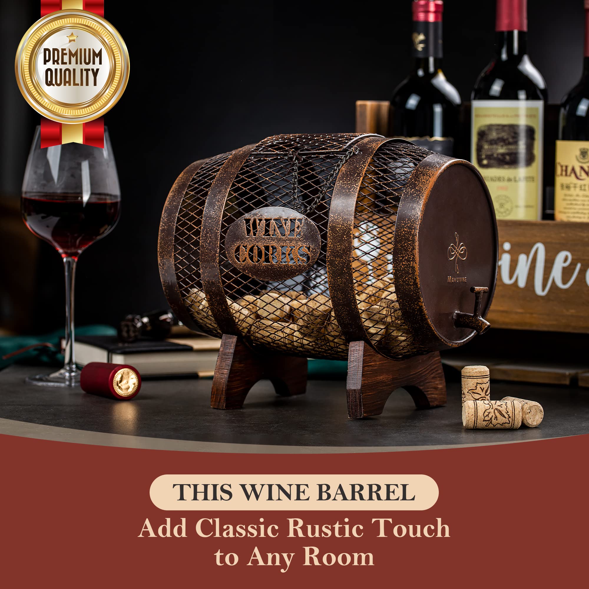 Makuvine cork holder with wooden stand base enhances kitchen or bar decor.