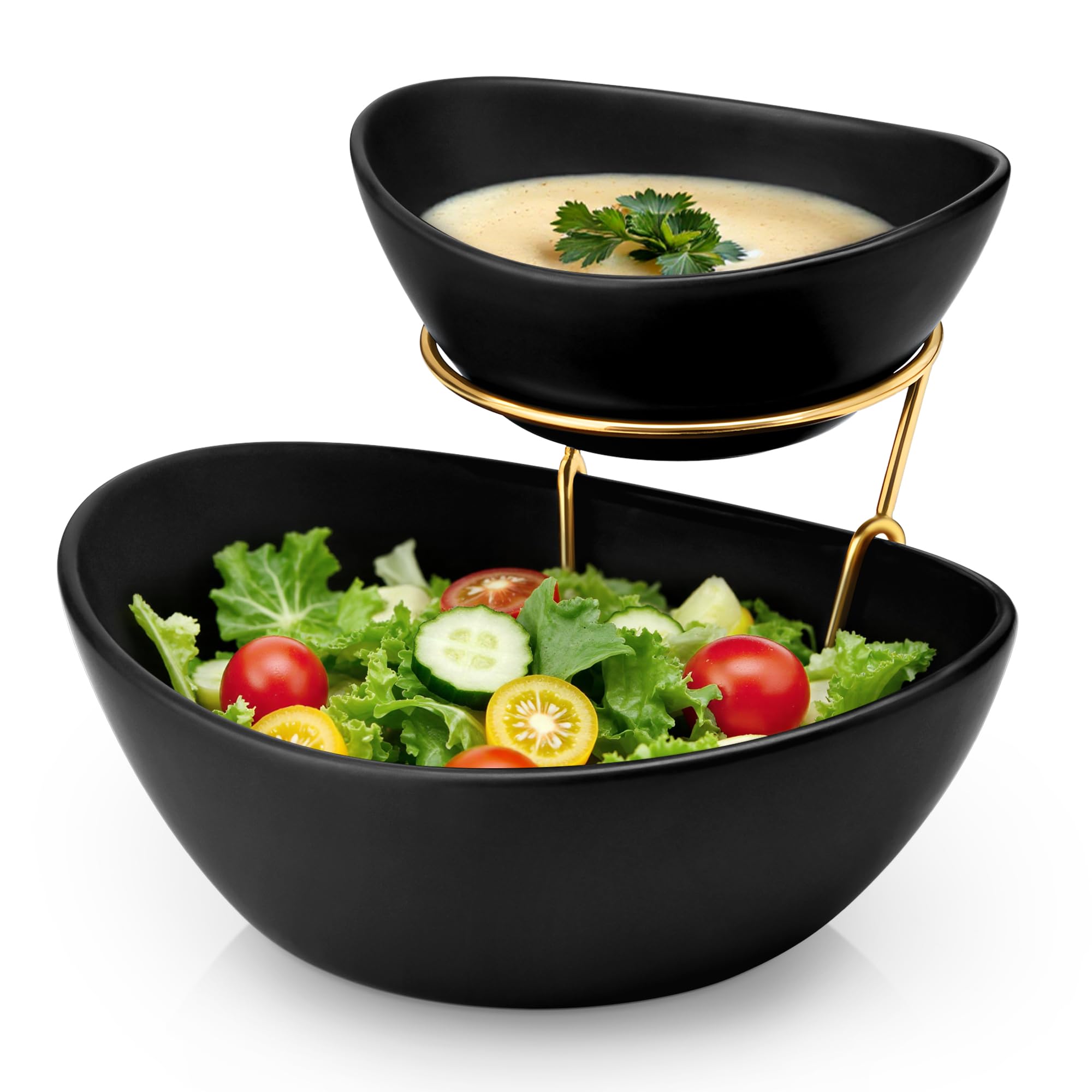 MALACASA 2-tier chip and dip set with metal stand for an elegant party display.