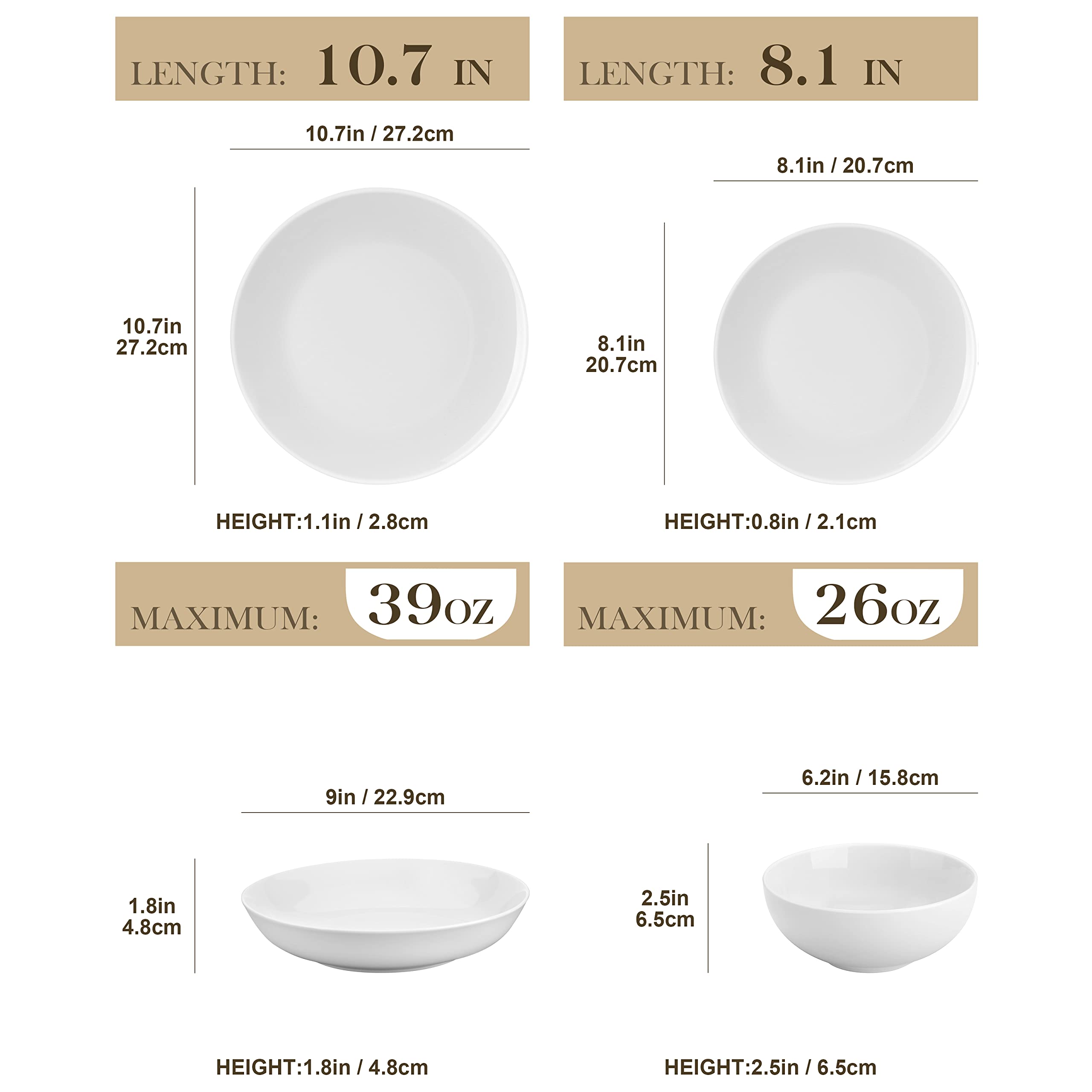 MALACASA Amelia 10.5-inch dinner plate with crisp white finish for main courses.