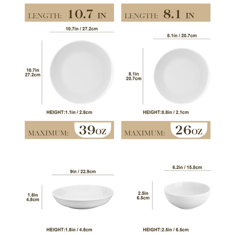 MALACASA Amelia 10.5-inch dinner plate with crisp white finish for main courses.