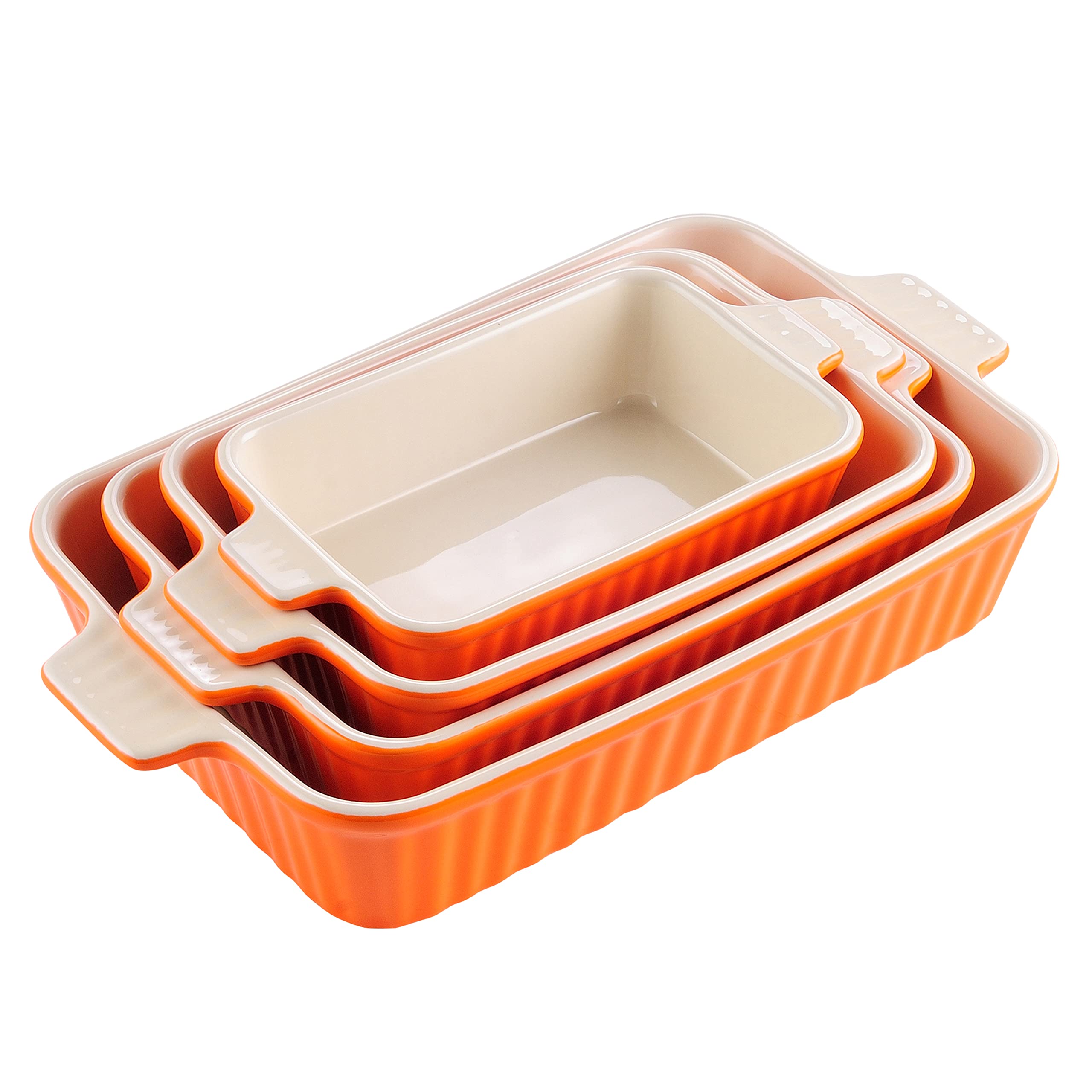 MALACASA bakeware set of 4 orange rectangular pans with handles for easy oven use.