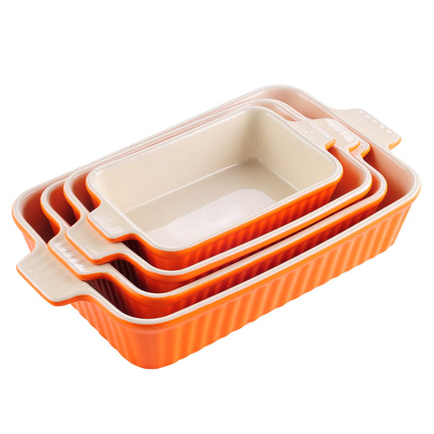 MALACASA bakeware set of 4 orange rectangular pans with handles for easy oven use.