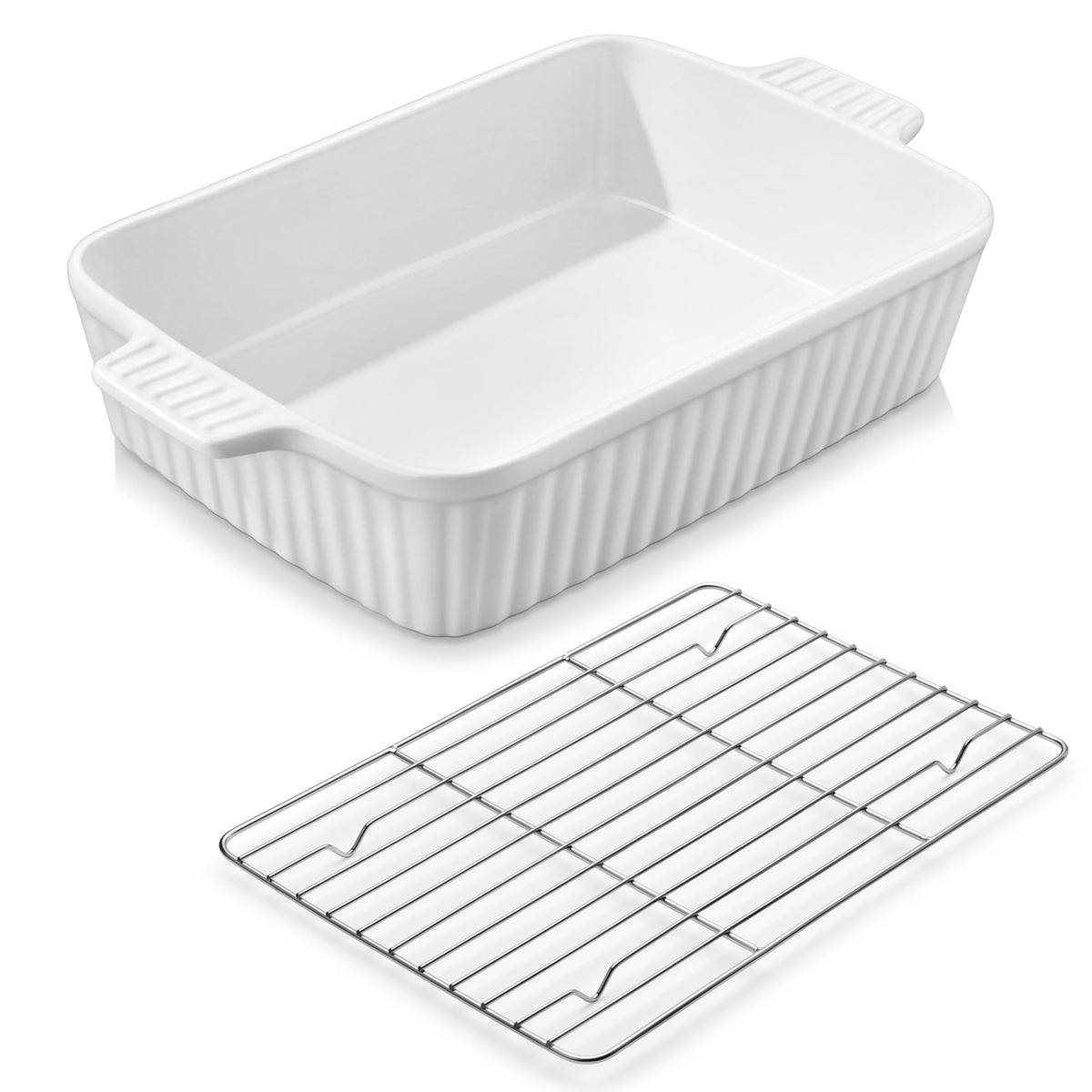 MALACASA baking dish with rack for even roasting and easy transfer.