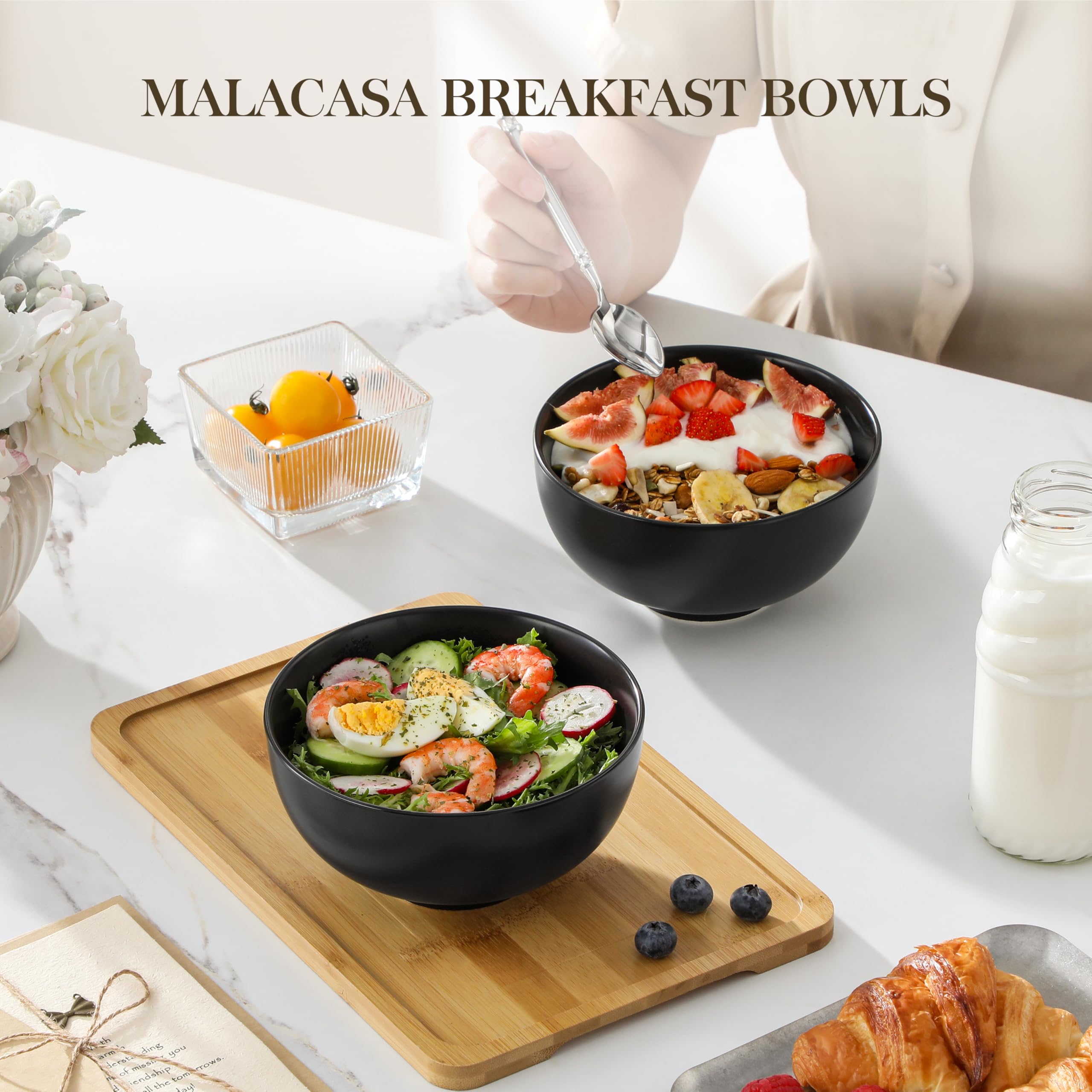 MALACASA black bowls add a sleek touch to desserts and fruit bowls.