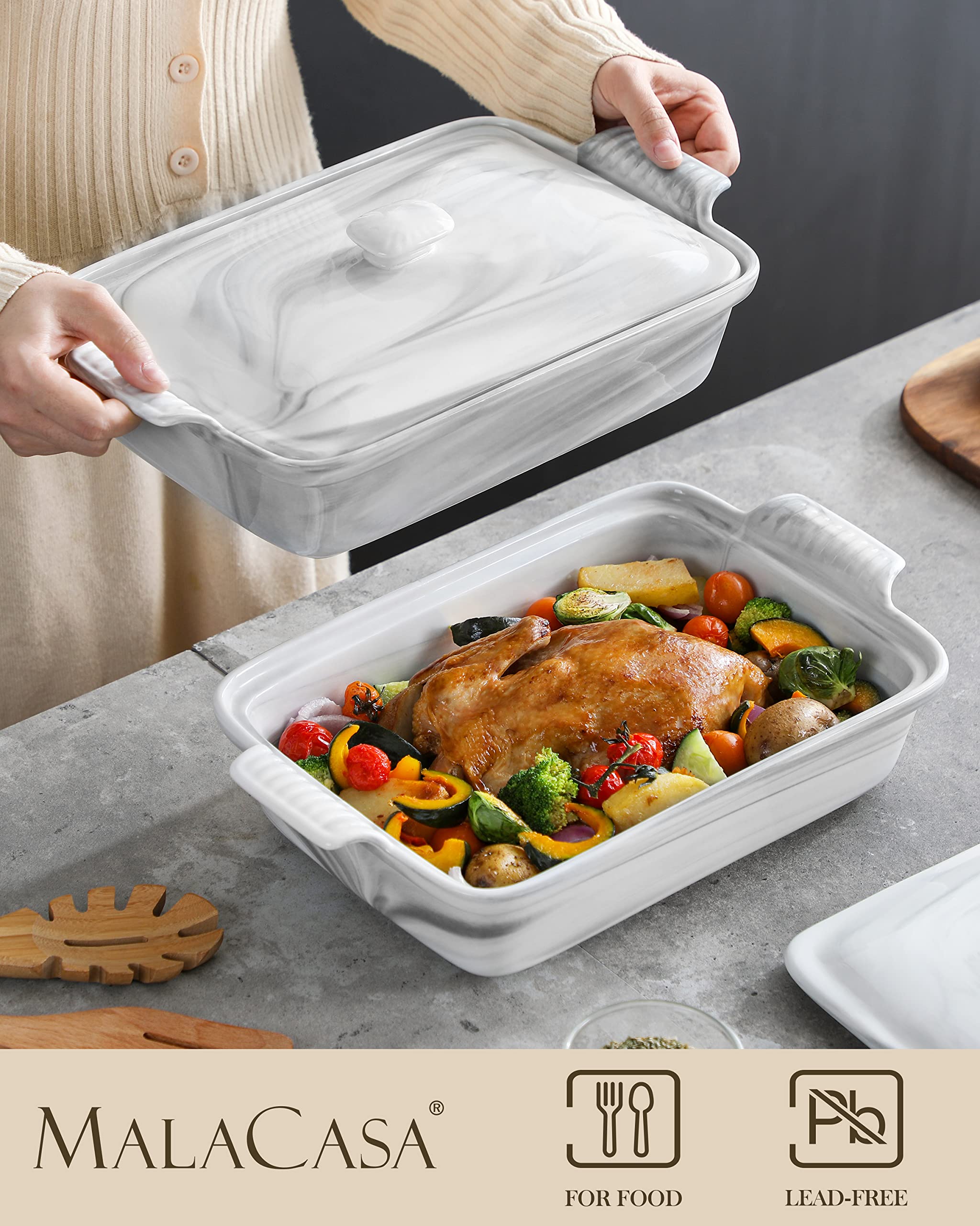 MALACASA 3-4qt ceramic bakeware ideal for lasagna and oven-to-table servings.