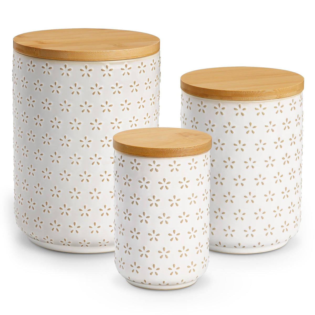 Malacasa ceramic canisters set on a kitchen counter with Five-Leaf Grass design for organized storage