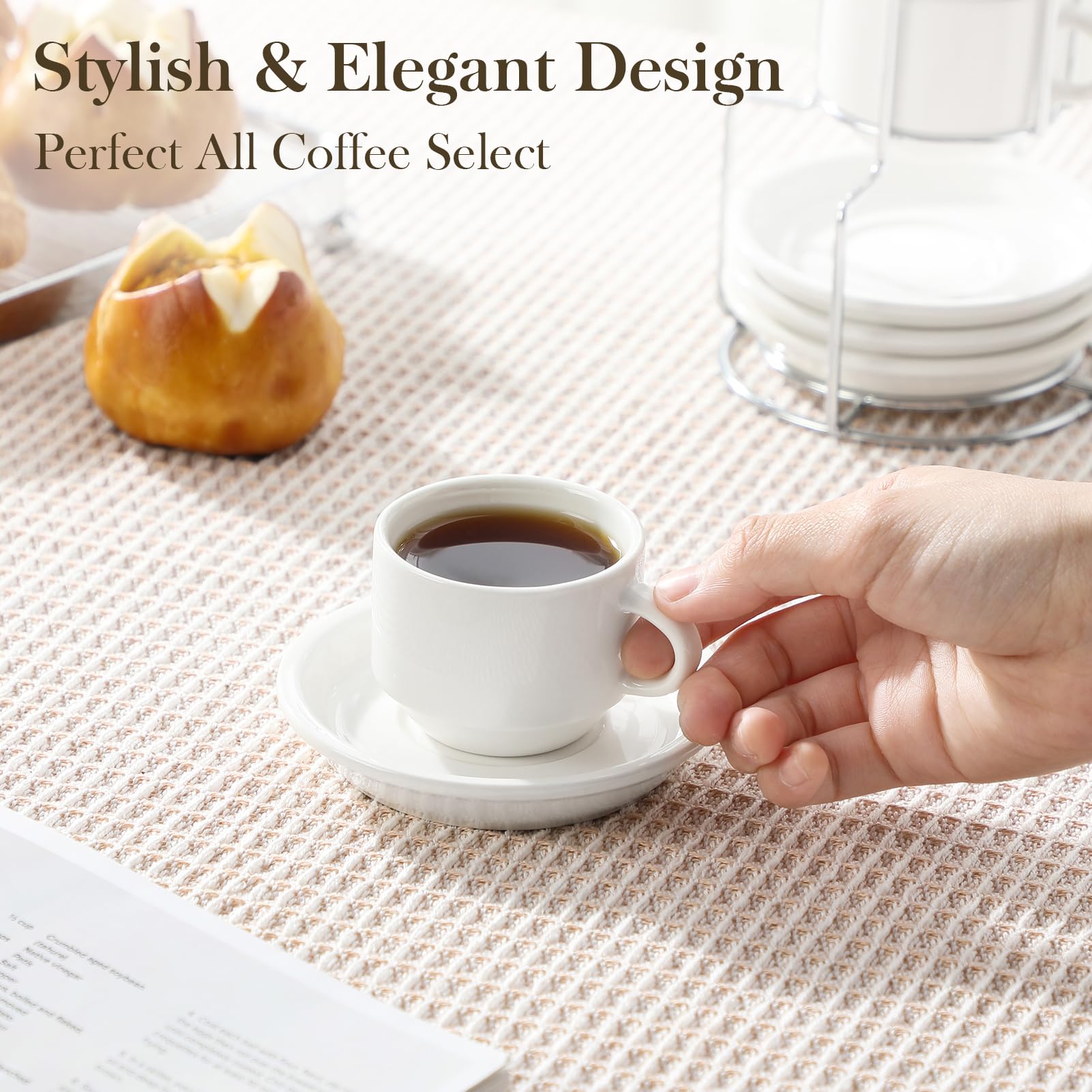 MALACASA four-ounce espresso cup on a saucer ready for cappuccino.